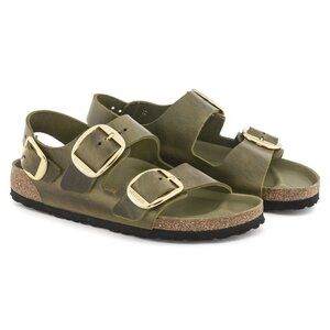 Birkenstock Shoes Milano Big Buckle Olive Green Oiled Leather Sandals